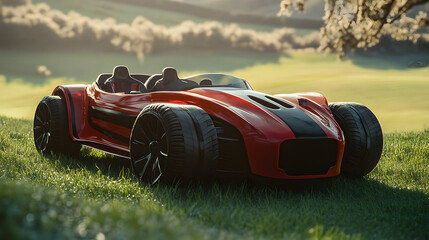 A fiery red GoCoda sports car concept with black racing stripes standing out on the grassy terrain of a rugged football field.