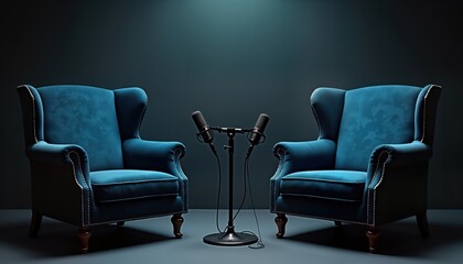 Two elegant blue wingback chairs face in dark studio setting. Pro microphones stand between. Isolated shot creates perfect backdrop for podcast interview concepts. Copy space available for additional