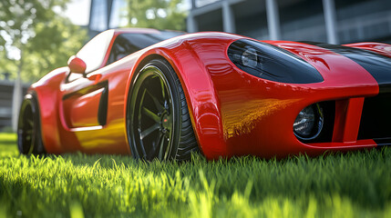 A fiery red GoCoda sports car concept with black racing stripes standing out on the grassy terrain of a rugged football field.