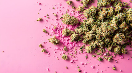 A dreamy arrangement of finely ground cannabis and buds scattered over a pastel-colored surface.