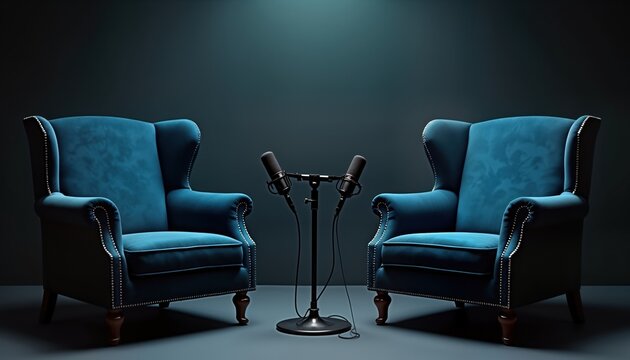 Two elegant blue wingback chairs face in dark studio setting. Pro microphones stand between. Isolated shot creates perfect backdrop for podcast interview concepts. Copy space available for additional