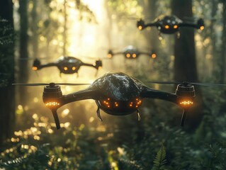 Obraz premium A serene outdoor scene where drones fly autonomously, sunlight reflecting off their sleek designs