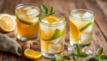Refreshing cocktails with citrus and mint on wooden surface