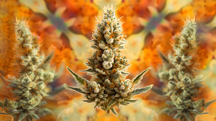 A dynamic arrangement of finely ground weed and dense buds on a bold kaleidoscope-patterned background.