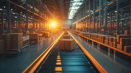 Fototapeta premium A serene smart warehouse where automated systems sort packages, sunlight streaming through high windows