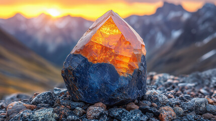 A close-up shot of a glowing orange crystal on rocky terrain with mountains in the background.