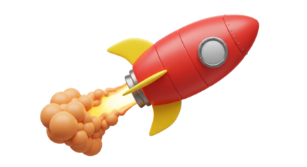 Launch of a red rocket isolated on transparent PNG, progress concept, space launch, mission success