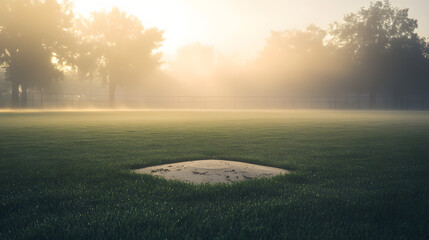 A foggy baseball field in the early morning with dew on the grass and faint outlines of the bases visible.