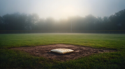 A foggy baseball field in the early morning with dew on the grass and faint outlines of the bases visible.