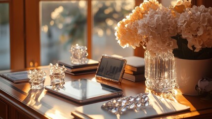 A serene workspace where a marketing planner reviews strategies on a tablet, sunlight illuminating their organized desk