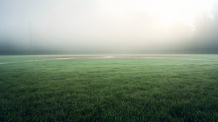 A foggy baseball field in the early morning with dew on the grass and faint outlines of the bases visible.