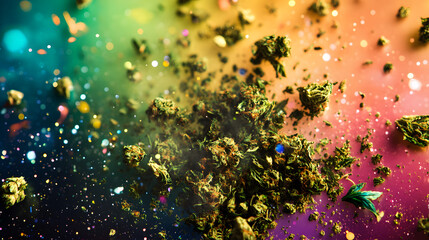 A dynamic composition of crushed weed and lush buds scattered over a vivid rainbow-like background.