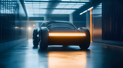 A futuristic autonomous car front view with innovative strip-style headlights glowing in a high-tech environment.