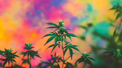 A dynamic composition of ground weed and bright green buds over a bold tie-dye background.