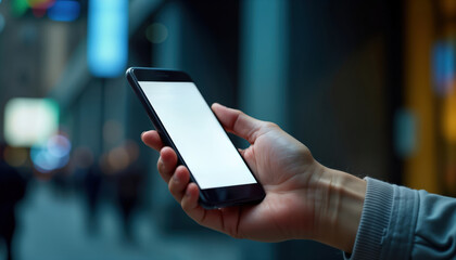 Person holds mobile phone. Screen displays job ads. Urban background. Job seeker browses job app on smartphone. Person searches for employment opportunities. Modern tech driven job hunting tool.