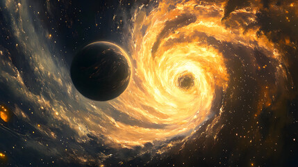 A dynamic space scene drawn with oil pastels featuring planets stars and swirling nebulae.