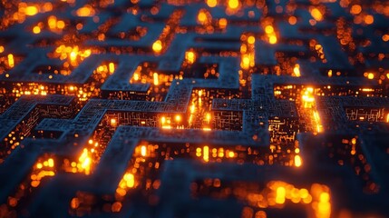Fototapeta premium Psychology Emotions Motivation Abstract maze design illuminated with glowing orange lights.