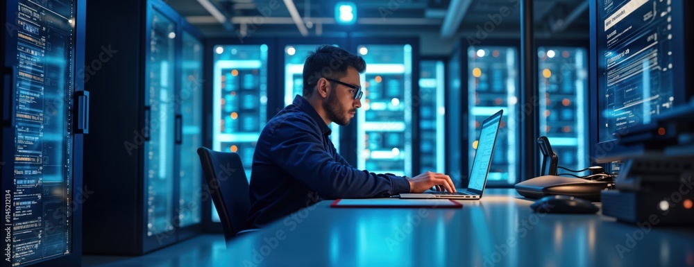 Aufkleber Man works on laptop in server room. Engineer focused on digital tech. Focused on database management. Modern tech scene. Work in data center. Uses laptop to solve problems with digital information.