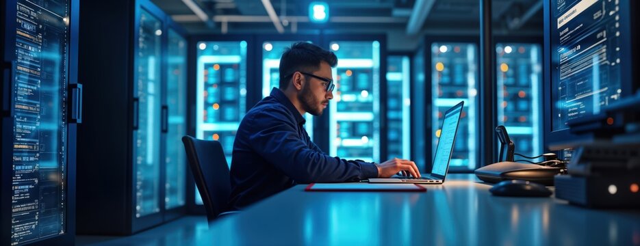 Man works on laptop in server room. Engineer focused on digital tech. Focused on database management. Modern tech scene. Work in data center. Uses laptop to solve problems with digital information.