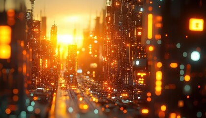 Fototapeta premium A smart cityscape with IoT devices connected via glowing networks, sunlight creating a balance of realism and futurism