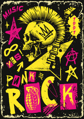 Vibrant punk rock poster with a skull