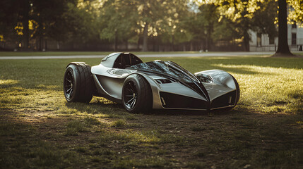 A futuristic GoCoda sports car in silver with black accents resting on the uneven lawn of an old football field.
