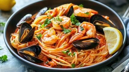Delicious Seafood Pasta with Shrimp Mussels and Fresh Herbs