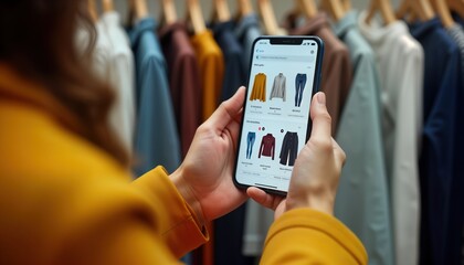 Person holds smartphone showing online clothing store app. Person browses fashion items. Clothes displayed on screen. Person looks at recommendations. Possible purchase of garments. Modern shopping.