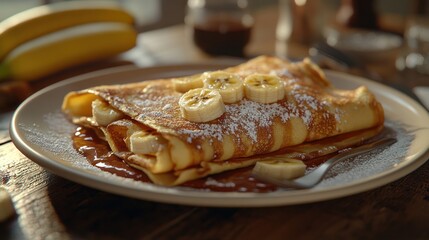 Delicious crepe dessert with banana slices and caramel sauce.
