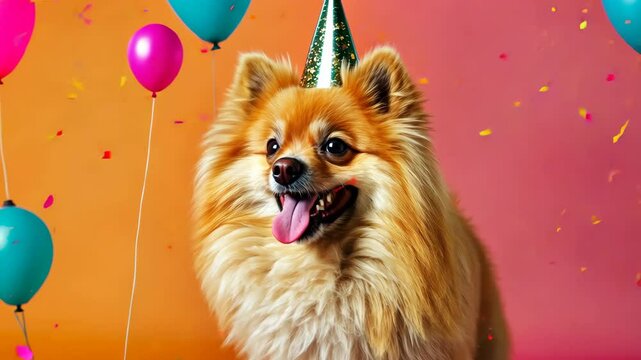 Spitz dog in celebration cone on pink and orange background. Flying confetti and balloons around. Pet party.
