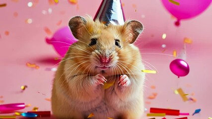 Hamster in celebration cone standing on pink background with balloons and falling confetti. Event advertising theme.