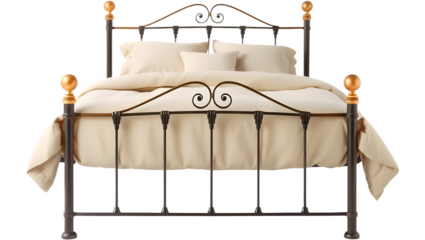 Elegant metal bed frame with plush bedding and pillows.