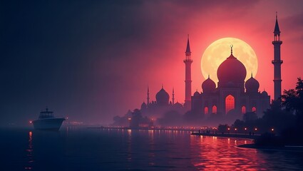 Fototapeta premium Serene Mosque at Night: A Majestic Moonlit Scene