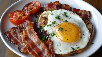 Delicious Breakfast Plate with Fried Egg, Bacon, and Grilled Tomato