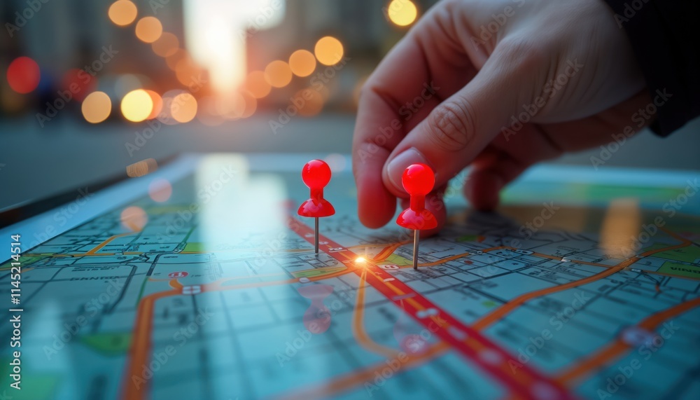 Aufkleber person places two red map pins on city map on tablet. digital map shows route between start, destina