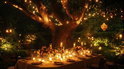 Obraz premium A beautifully decorated outdoor dining setup under twinkling lights and greenery.