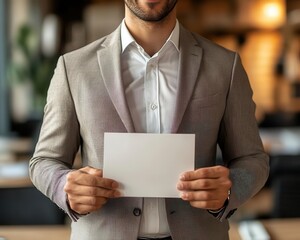 An entrepreneur holding a success certificate in a bright office, light enhancing the celebratory atmosphere