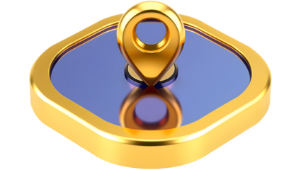 Golden location pin on a blue background.
