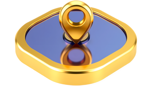 Golden location pin on a blue background.