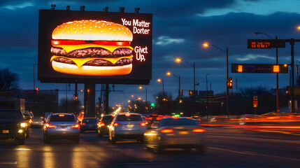 A glowing highway billboard showing a juicy cheeseburger and the motivational text You Matter and Dont Give Up in bold letters.