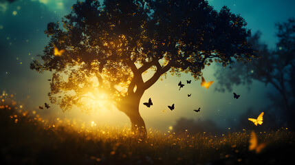A glowing tree illuminates a magical twilight scene as fairy silhouettes hover delicately in mid-flight.