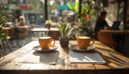 Two partners exchanging ideas over coffee in a bright cafe, sunlight highlighting documents and laptops on the table