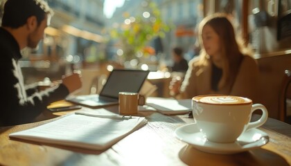 Two partners exchanging ideas over coffee in a bright cafe, sunlight highlighting documents and laptops on the table