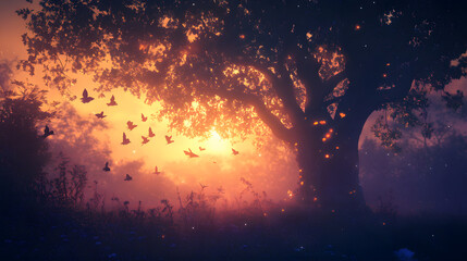 A glowing tree illuminates a magical twilight scene as fairy silhouettes hover delicately in mid-flight.