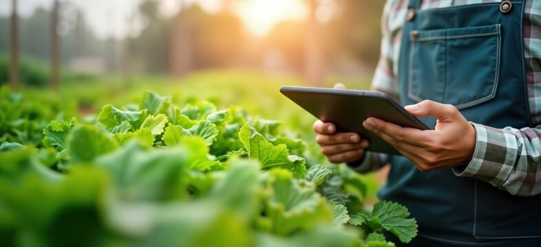 Young farmer uses tablet to examine fresh organic vegetables in field. Smart farming concept. Person inspects crop growth in agricultural area. Modern technology in farming. Checking produce quality - Powered by Adobe