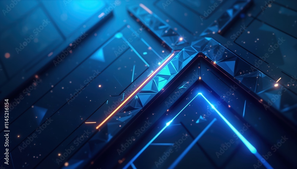 Poster futuristic blue tech background. geometric shapes, arrows create dynamic design. neon lights, crysta