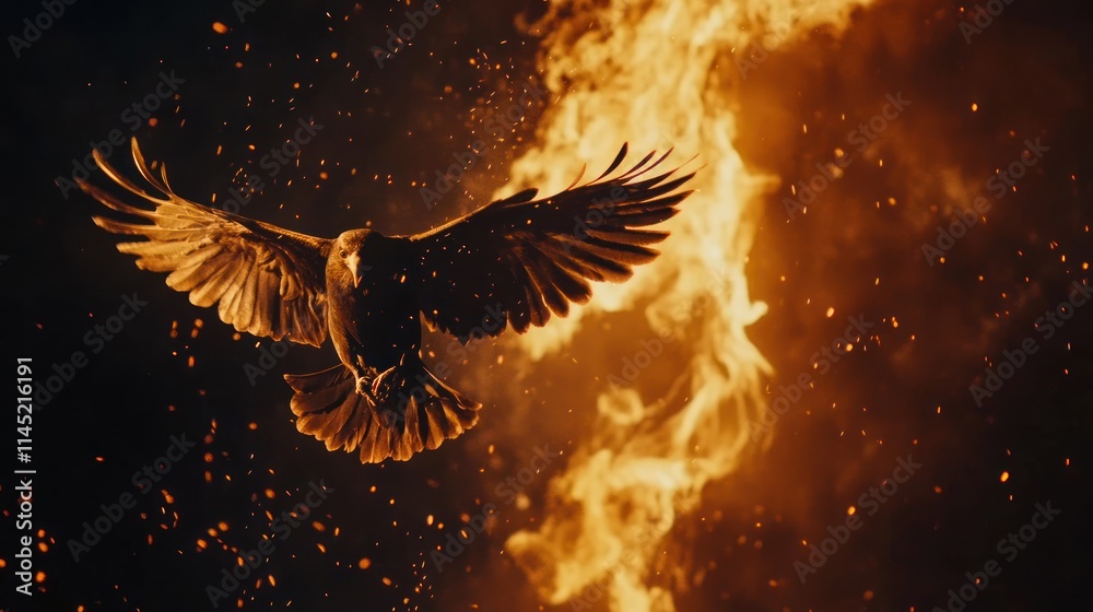 Poster a bird soaring through flames, symbolizing transformation and resilience.