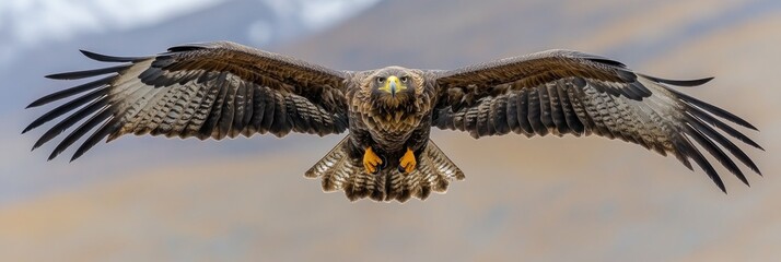 Obraz premium Majestic golden eagle in flight, wings spread wide against a blurred mountain background.