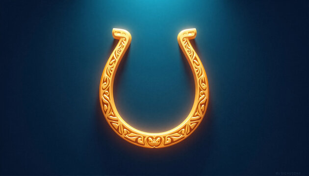 Illuminated decorative horseshoe, lucky mood, featuring intricate patterns on a dark background, copy space