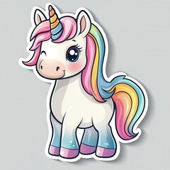 Naklejka premium Adorable Cartoon Unicorn with Colorful Mane and Sparkling Stars